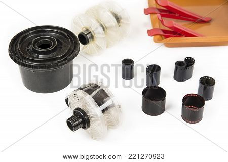 Old film tank developer with photo tools