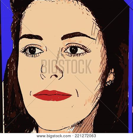 Illustration of woman looking to the front. Serious woman, light skin and brown hair.