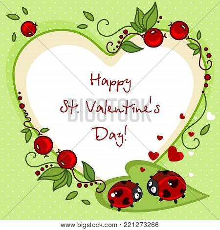 Design of cards for Valentine's Day in the form of a heart. Drawing two ladybirds with dots in the eyes of the hearth and a beautiful ornament around them.