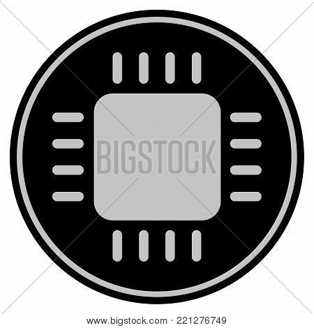 Cpu Chip black coin icon. Vector style is a flat coin symbol using black and light gray colors.
