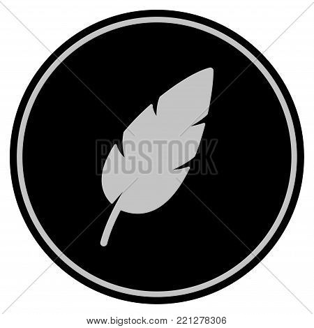 Feather black coin icon. Vector style is a flat coin symbol using black and light gray colors.
