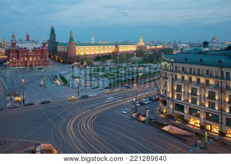 Manezhnaya Square, Historical museum near Kremlin wall in Moscow, Russia at evening