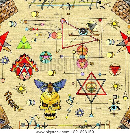 Seamless pattern with mystic and religious symbols on texture. Freemasonry and secret societies emblems, occult and spiritual mystic drawings. Tattoo fantasy design, new world order