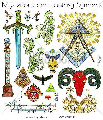 Design set with colorful mystic, esoteric and fantasy symbols isolated on white. Freemasonry and secret societies emblems, occult and spiritual mystic drawings. Tattoo fantasy design, new world order
