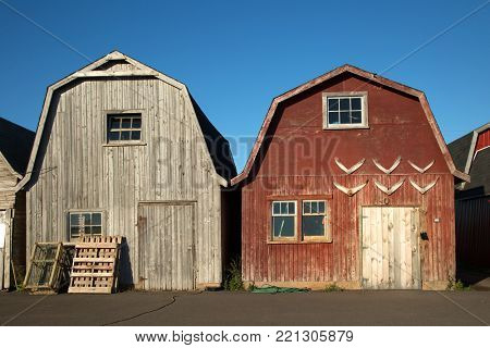 Two oysters barns in background  in Malpeque, Prince Edward island also called PEI