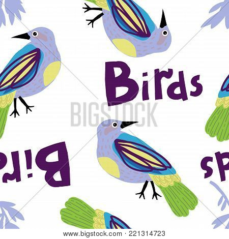 Seamless pattern with colorful birds and leaves. Vector spring illustration.