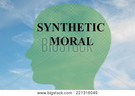 Render illustration of SYNTHETIC MORAL title on head silhouette, with cloudy sky as a background.