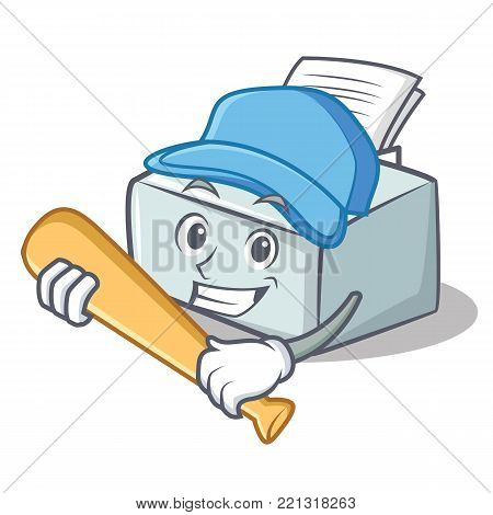 Playing baseball printer character cartoon style vector illustration