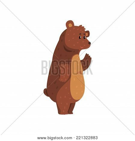Friendly smiling bear standing and waving his paw. Funny grizzly with brown fur, short tail and small rounded ears. Cartoon character of wild animal. Flat vector for network sticker, card or kids book
