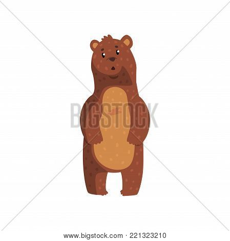 Cute bear with surprised muzzle expression. Cartoon character of wild animal with brown fur, small rounded ears and shiny eyes. Isolated flat vector design for book cover, print, sticker or poster.