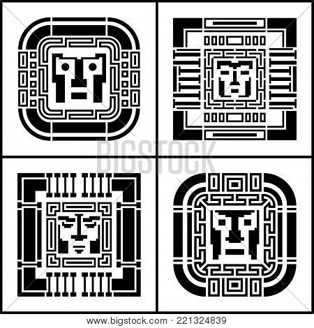 A set of digital pixel cyber avatar icons. Computer technology, security, hacking. Black and white face person. 8-bit abstract symbol design illustration. stock vector.