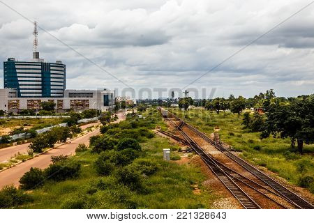 Railroad and rapidly developing central business district, Gaborone, Botswana, Africa, 2017