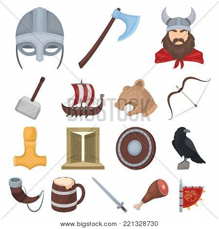 Vikings and attributes cartoon icons in set collection for design.Old Norse Warrior vector symbol stock  illustration.