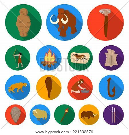 Life in the Stone Age flat icons in set collection for design. Ancient people vector symbol stock  illustration.