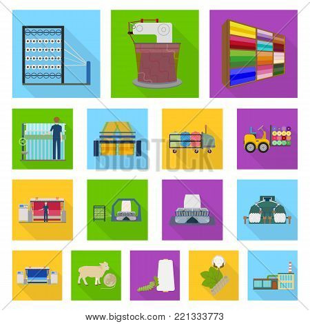 Textile industry flat icons in set collection for design.Textile equipment and fabrics vector symbol stock  illustration.