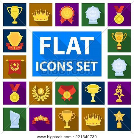 Awards and trophies flat icons in set collection for design.Reward and achievement vector symbol stock  illustration.