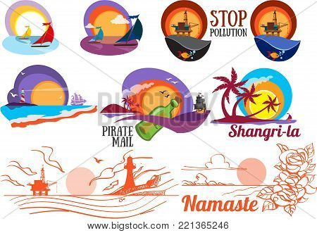 Set of multicolored images with islands Shangri-la, coastal countries, exotic vacation, seaside resort.