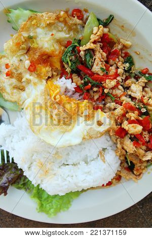 Fried rice with basil chicken and egg fried