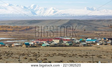 View of the village at mountains of Altai Republic, Russia.