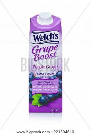 LONDON, UK - JANUARY 02, 2018: Pack of Welch's Grape Boost purple grape juice on white background.Welch Food Inc. is owned by the National Grape Cooperative Association.