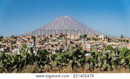 Arequipa, Peru - August 2017: El Misti volcano above Arequipa on a sunny day, Peru