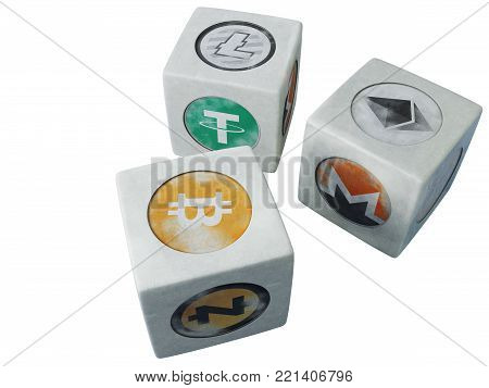 The game bone. Crypto currency. A game of vintage bones with symbols of crypto currency. 3d rendering. Isolated object.