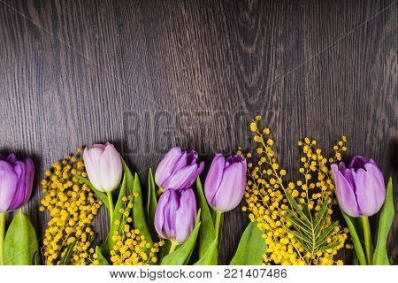 Yellow Mimosa On A Wooden Background.