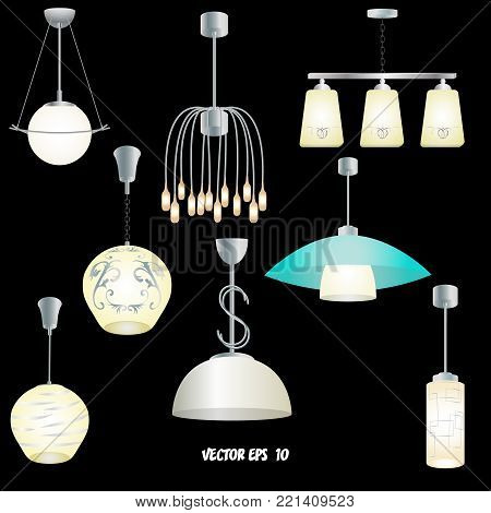 Set of different modern lights for the kitchen, living room, bedroom. Black background. Each object is located on a separate layer