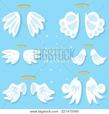Angel wings set. Cartoon vector illustration on blue background.