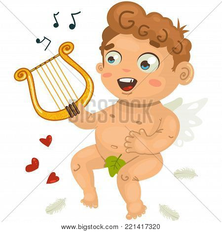 Valentine's Day cupid playing music on the lyre. Vector illustration isolated on white background.