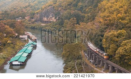 Aerial View at Beautiful landscape Death Railway bridge over the Kwai Noi River at Krasae cave in Kanchanaburi province Thailand
