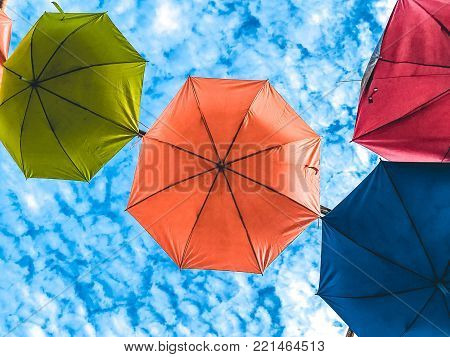 Colorful Umbrella with clear sky on sunny day bottom view