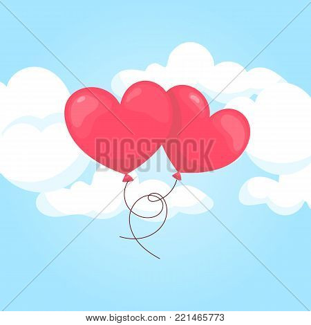 Two red heart in blue sky. Love balloons flying. Cartoon illustration.