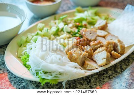 Vietnam food for healthy.Grilled pork with vegetables and wrapping flour.Close up