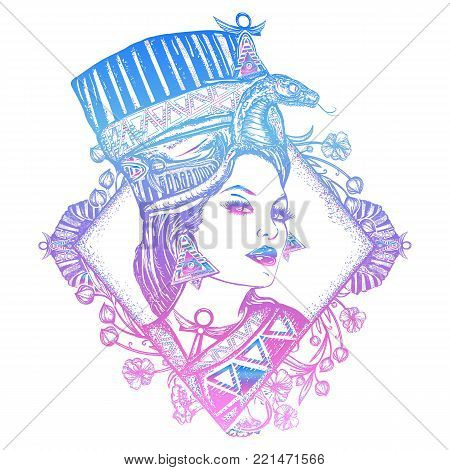 Ancient Egypt color tattoo. Queen of Egypt Nefertiti, art nouveau woman. Egyptian princess Cvleopatra. Ancient Egypt woman t-shirt design