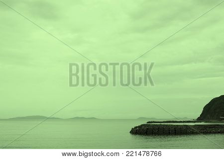 Gloomy seascape line horizon Sea Lighthouse. Natural background
