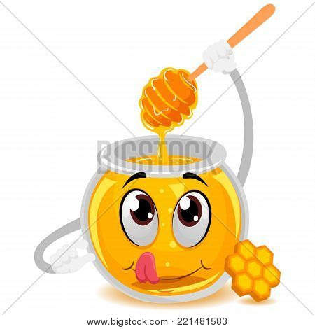 Vector Illustration of Honey Jar Mascot holding a Wooden Dipper Stick