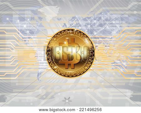 Vector bitcoin cryptocurrency, map background illustration. Chart diagram, graphic payments, money transfers financial concept