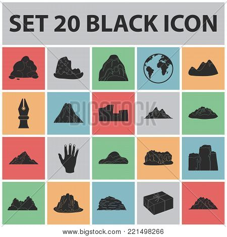 Different mountains black icons in set collection for design.Mountains and landscape vector symbol stock  illustration.