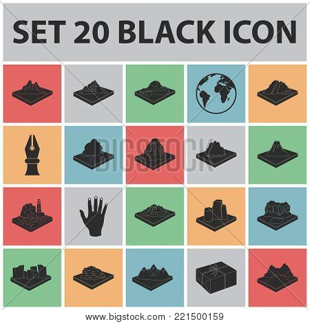 Mountains, massive black icons in set collection for design. The surface of the earth vector isometric symbol stock  illustration.
