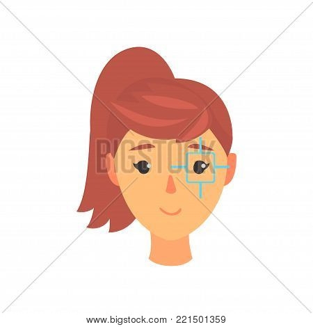 Face of young woman, eye with a target centred, ophthalmology concept cartoon vector Illustration on a white background
