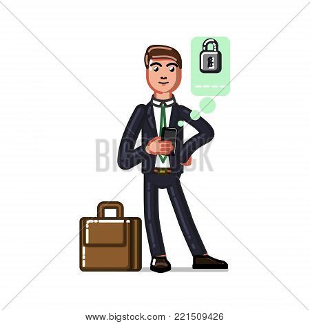 Business man seting up a pasword to his electronic wallet through a mobile phone