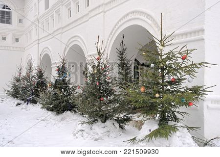 Symbols of the holiday of Christmas and New Year decorated green fir-trees in the Tolga convent near the orthodox church in the background