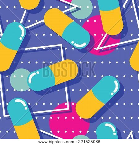 Pills and capsules seamless pattern, pop modern design, bold colors and geometry, vector illustration