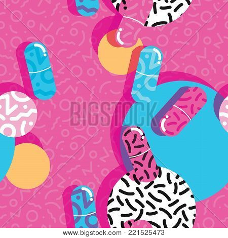 Pills and capsules seamless pattern, pop modern design, bold colors and geometry, vector illustration
