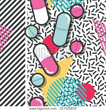 Pills and capsules seamless pattern, pop modern design, bold colors and geometry, vector illustration