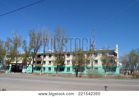 Residenial buildigs of 1960-th.Former Soviet anti-ballistic missile testing range Sary Shagan.May 7, 2017.Priozersk.Kazakhstan
