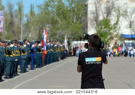 Karaganda-TV operator.Kazakhstan army parade.V-day celebration.Sary Shagan.Former Soviet anti-ballistic missile testing range.Kazakhstan.May 9, 2017.Priozersk.Kazakhstan