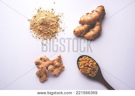 Ginger paste and powder also known as sunth or sonth with whole dried and fresh ginger, selective focus