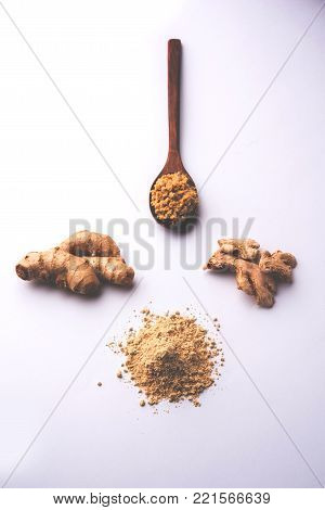 Ginger paste and powder also known as sunth or sonth with whole dried and fresh ginger, selective focus